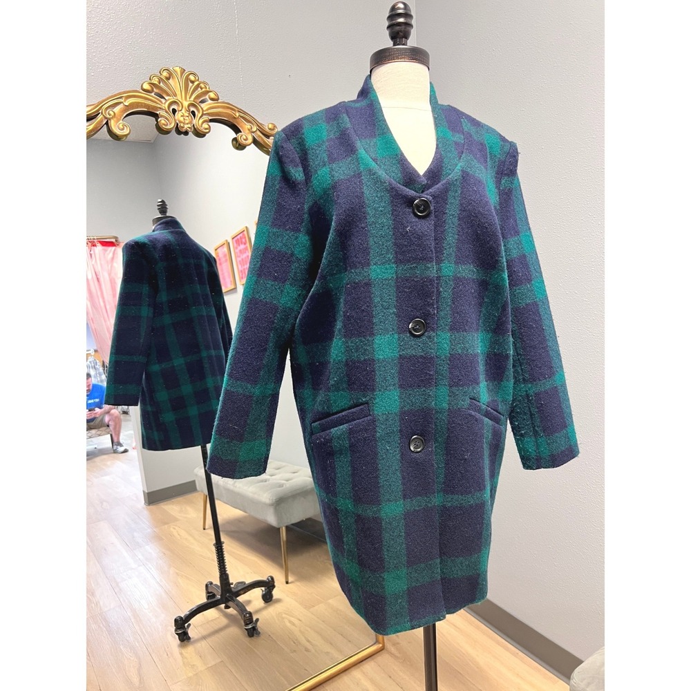 Kaffe Plaid Coat Women 38 Navy Green Excellent Blackwatch Wool Blend Mid Length